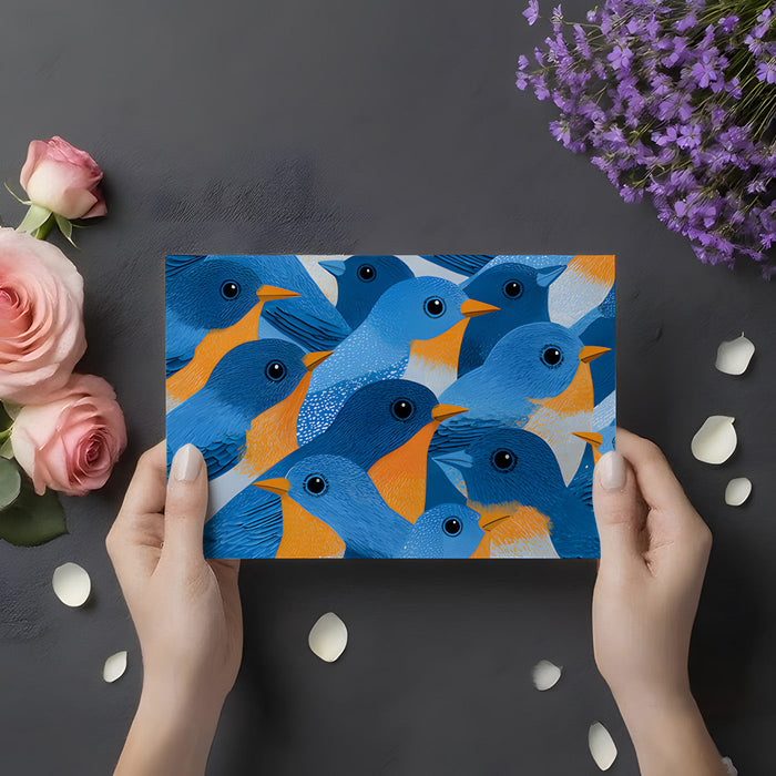 A modern home office with a blue and orange bird themed mural for creative inspiration