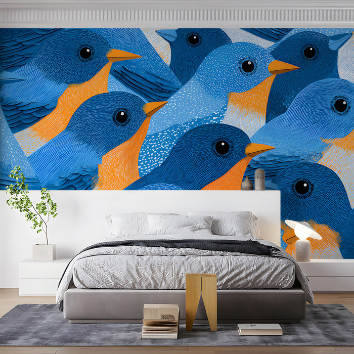 A bright, sunlit bedroom featuring whimsical bird wallpaper design