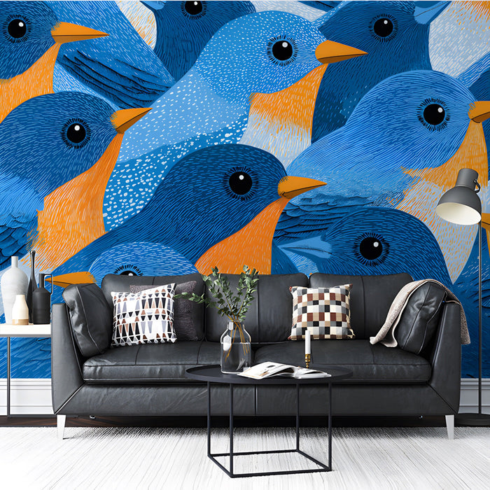 A colorful, playful entryway featuring bluebird patterned wallpaper on an accent wall