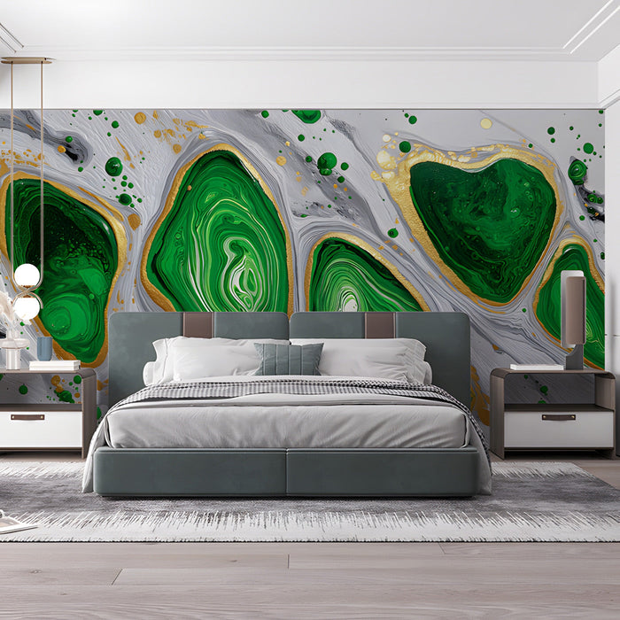 Contemporary bedroom interior featuring a bold abstract malachite swirl wallpaper behind the headboard.