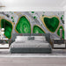 Contemporary bedroom interior featuring a bold abstract malachite swirl wallpaper behind the headboard.