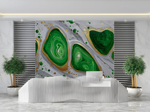 Modern reception wall covered in emerald and gold fluid marble effect wallpaper.