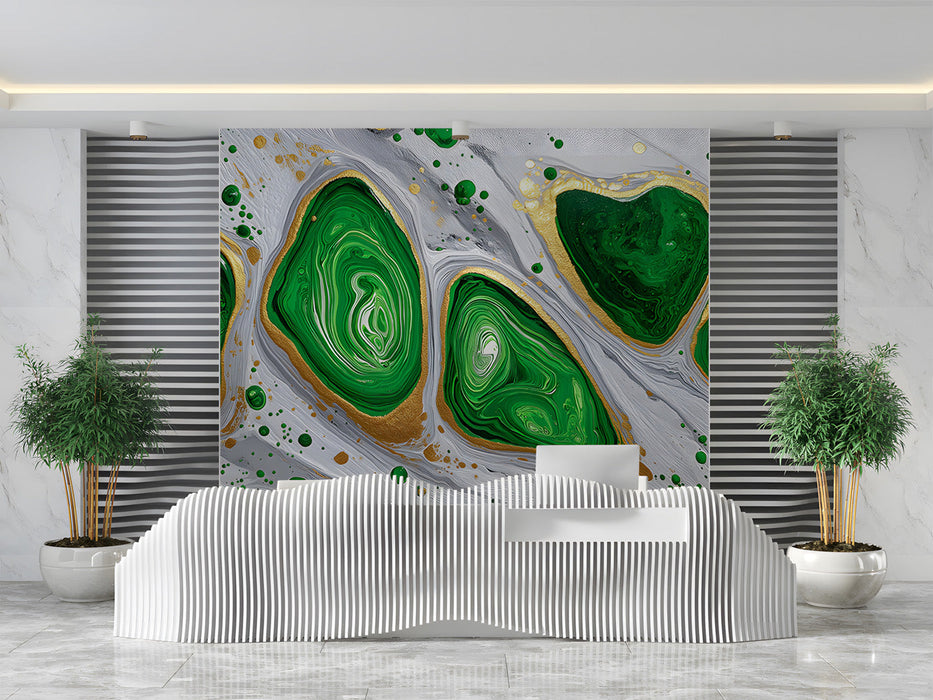 Modern reception wall covered in emerald and gold fluid marble effect wallpaper.