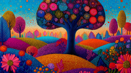 Abstract meadow wallpaper with pointillist trees and flowers in magenta, blue, and yellow.