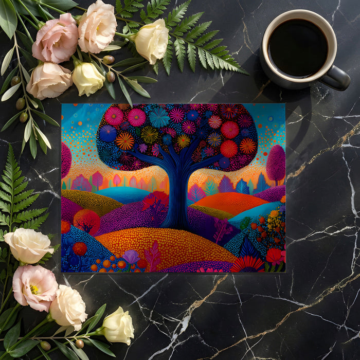 A creative bedroom design featuring a colorful pointillist flower tree landscape wall.