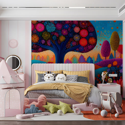 A bright, artistic bedroom featuring a vibrant dot-art meadow mural on the back wall.