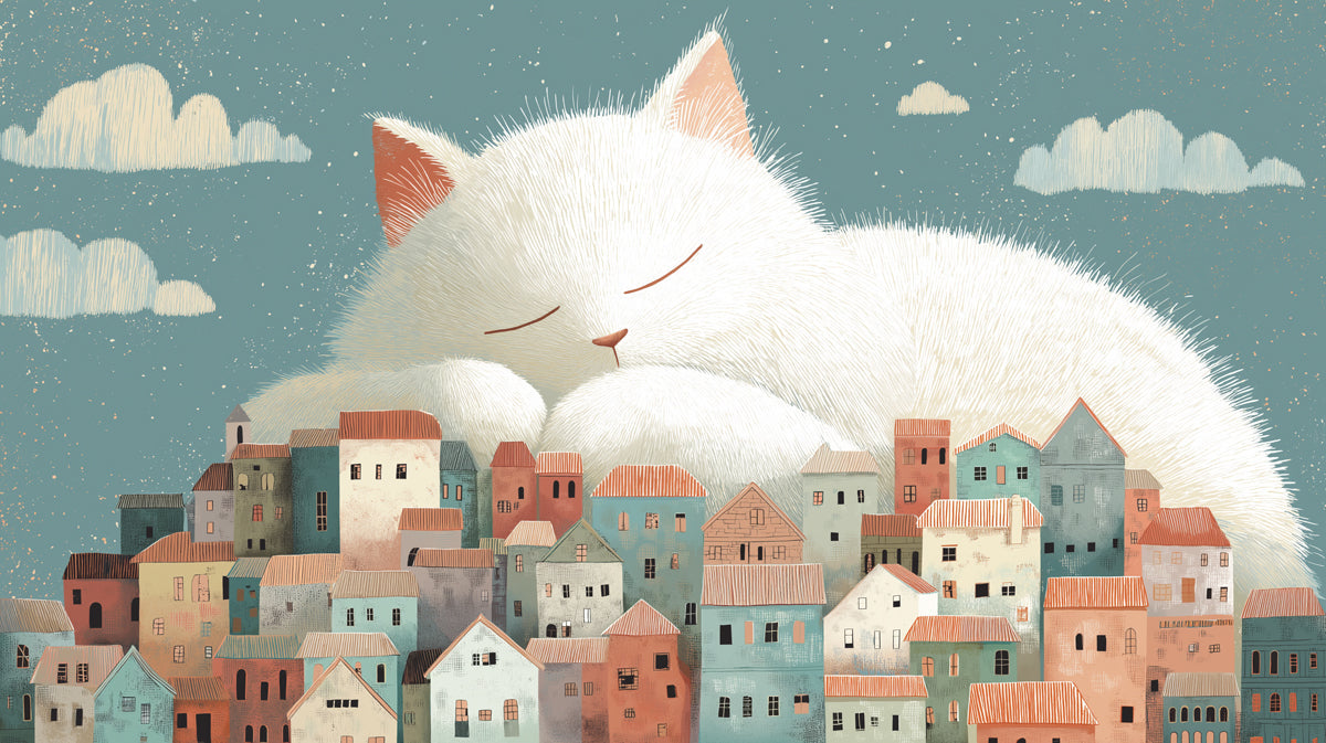 Whimsical mural of a giant sleeping white cat perched over a village in muted teal and terracotta tones