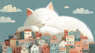 Whimsical mural of a giant sleeping white cat perched over a village in muted teal and terracotta tones