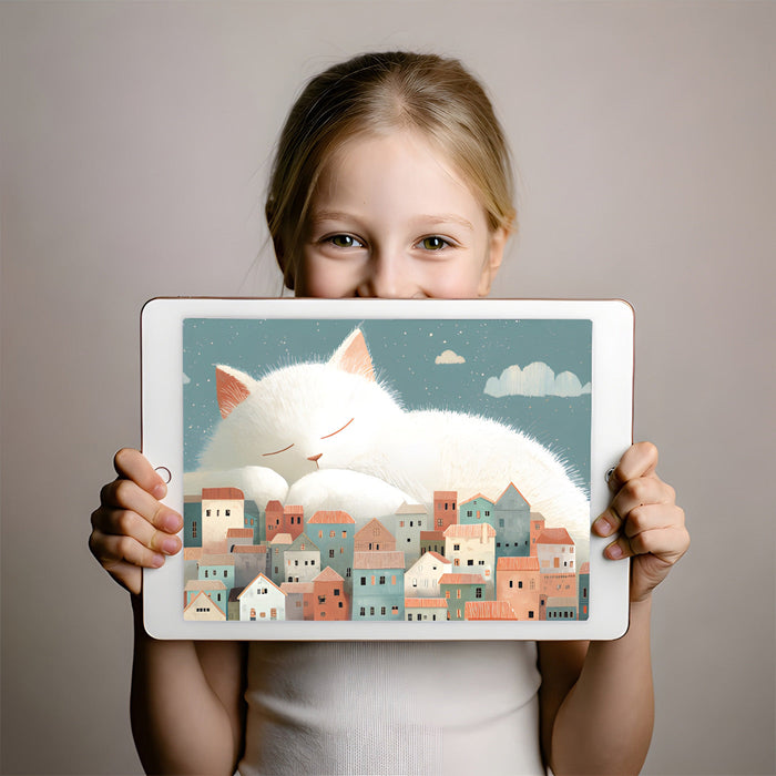 Giant cat village mural in a child's bedroom with playful decor and soft bedding