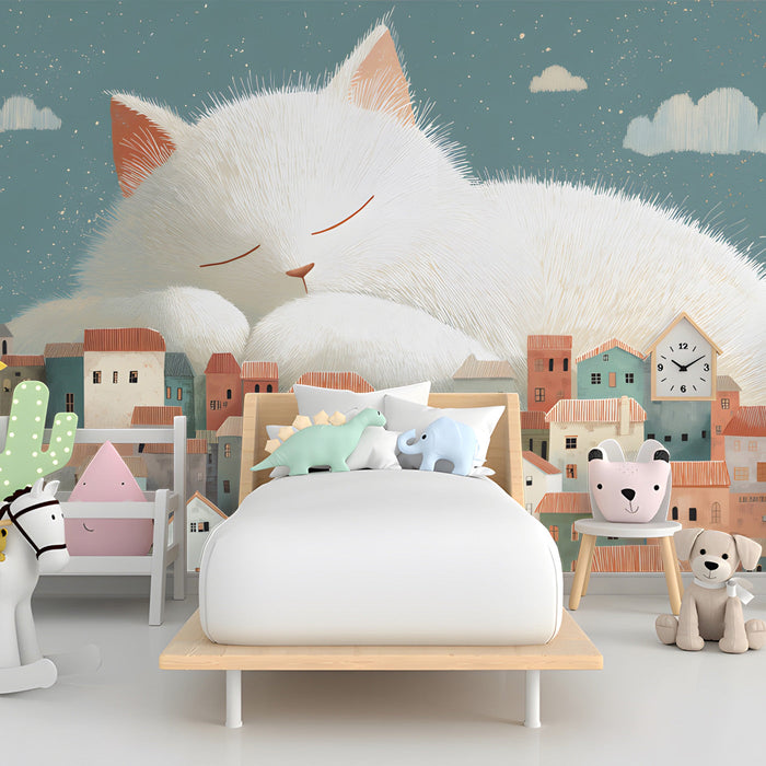 Whimsical cat wall mural featured in a bedroom with a plush armchair and floor lamp