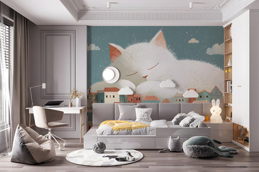 Sleeping giant cat mural installed in a cozy nursery with a wooden crib and soft lighting