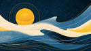 Abstract wallpaper pattern with a large yellow moon over navy blue rolling waves and fine gold line details