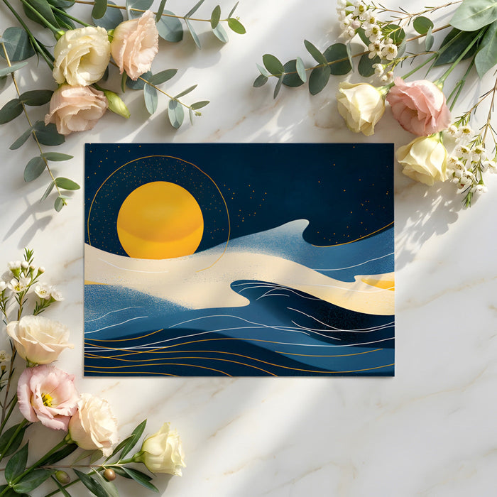 Cozy home office with an abstract ocean wave wallpaper creating a focal wall
