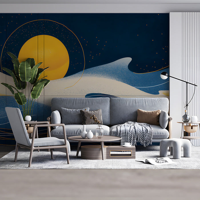 Contemporary living room with a navy and gold abstract wave mural above a mid-century sofa
