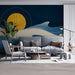Contemporary living room with a navy and gold abstract wave mural above a mid-century sofa
