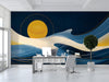 Modern office featuring a celestial night sky mural behind a low platform bed