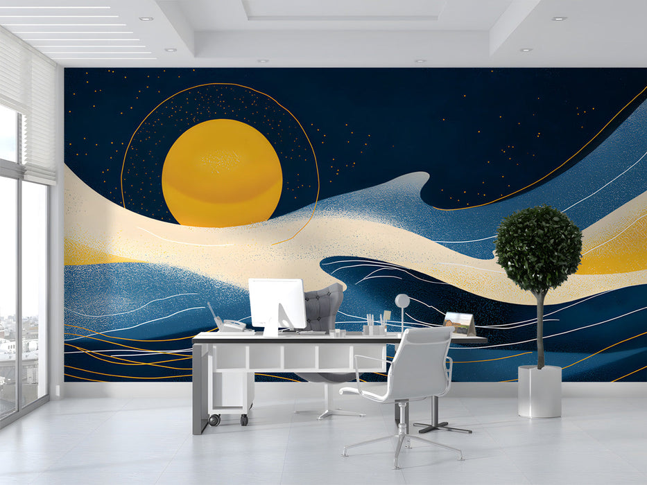 Modern office featuring a celestial night sky mural behind a low platform bed