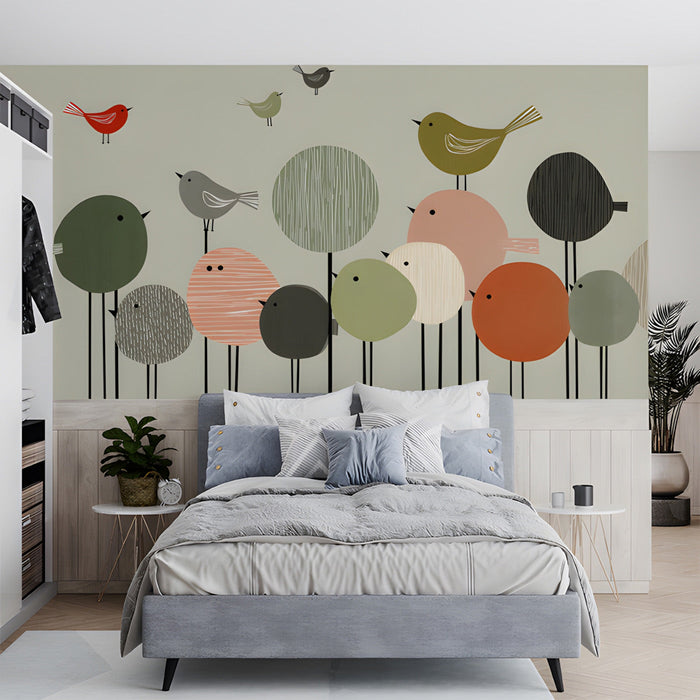 Graphic bird print wallpaper in a bright bedroom with minimalist floating shelves.