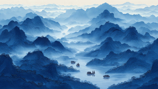 A serene landscape mural featuring cobalt blue mountains and small boats on a misty river in ink-wash style