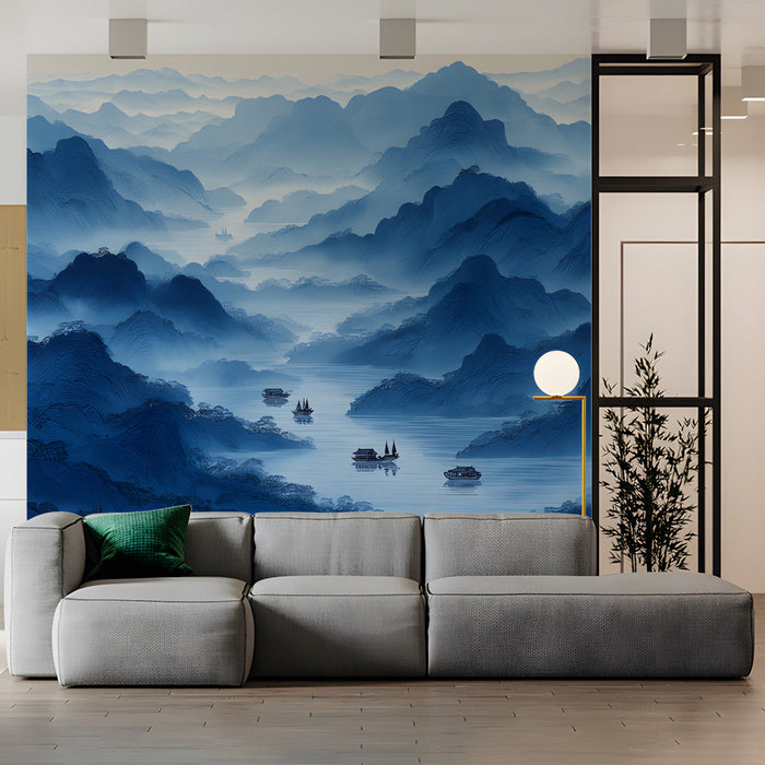 A tranquil commercial spacewith a large-scale misty mountain wall mural and minimalist decor