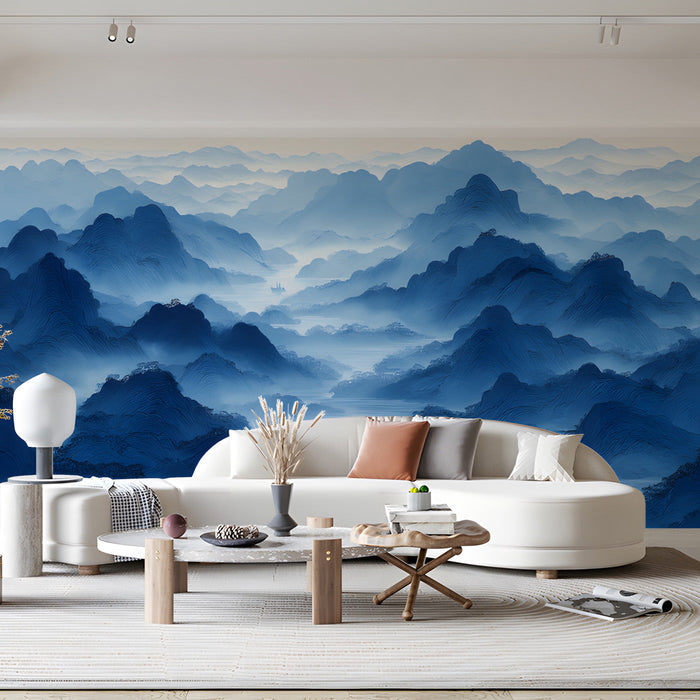 A spacious master living room with a serene blue mountain landscape wall mural behind a modern bed