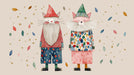 Whimsical illustration of two cat gnomes with long beards, red and green hats, and colorful outfits on a sand-colored background.