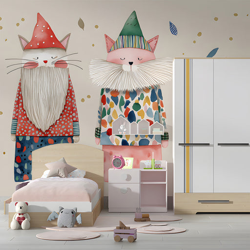 A charming girl's room corner decorated with unique cat gnome character wallpaper.