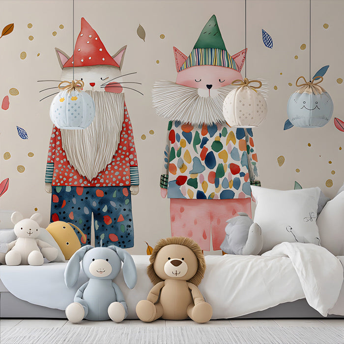 A cozy bedroom featuring a wall with playful cat gnome wallpaper and light wooden furniture.