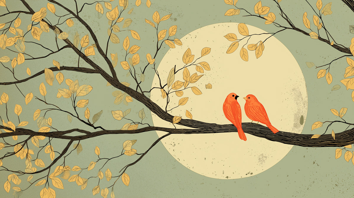 Artistic mural wallpaper featuring two orange songbirds on a branch against a pale moon and sage green background