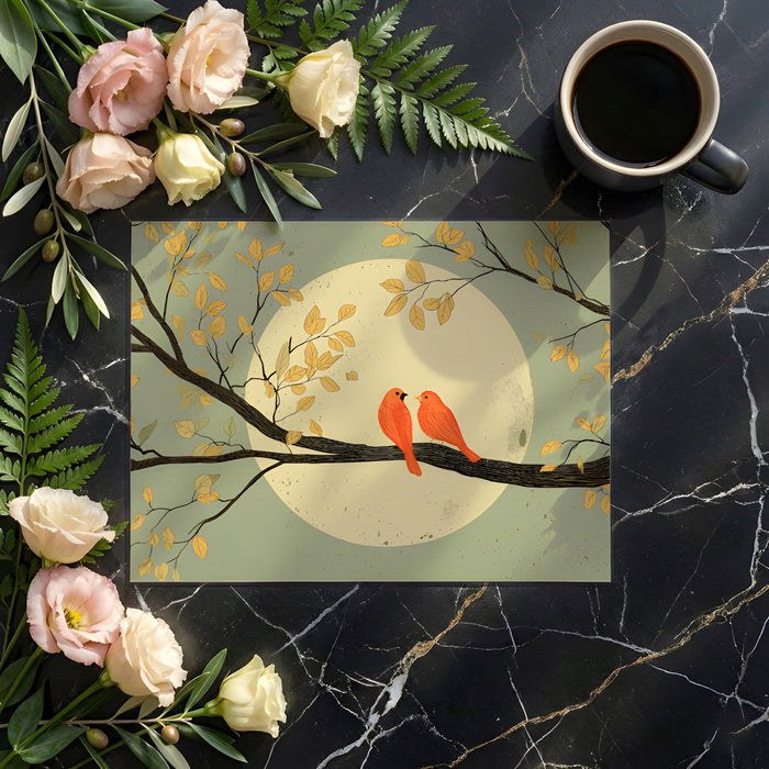 Modern home office with an artistic nature-themed bird mural providing a calm workspace backdrop