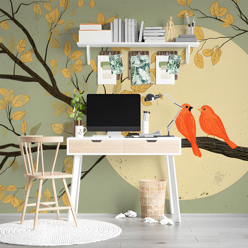 Inviting reading nook with a minimalist tree and bird pattern mural on the main wall