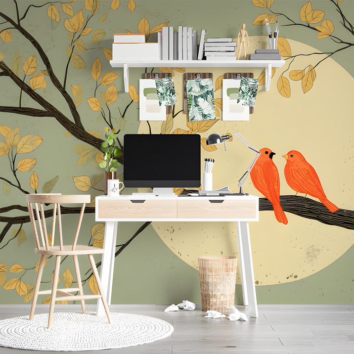 Inviting reading nook with a minimalist tree and bird pattern mural on the main wall