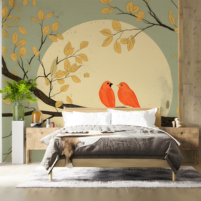 Cozy bedroom wall featuring an autumnal birds and branch mural as a soft headboard focal point