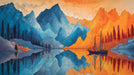Abstract ink line art of mountain peaks reflected in a lake with blue and amber colors