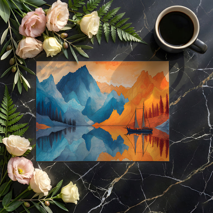 Cozy bedroom wall mural showing a blue and orange landscape design