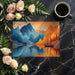 Cozy bedroom wall mural showing a blue and orange landscape design
