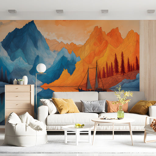 Modern living room featuring a mountain lake mural behind a beige sofa