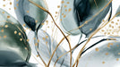 Abstract watercolor mural with large emerald green and blue leaves and glittery gold stems on a white background