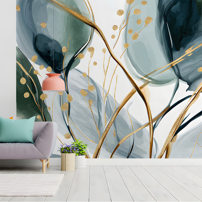 Elegant entryway decorated with watercolor leaf wallpaper in deep green and shimmering gold tones