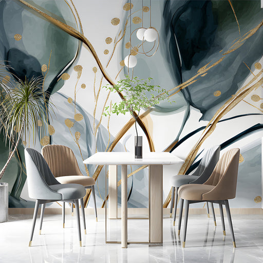 Modern dining room featuring a green and gold watercolor wallpaper on the main feature wall