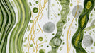 Abstract botanical wallpaper pattern with green ink washes, ochre accents, and intricate charcoal line drawings