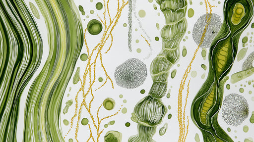 Abstract botanical wallpaper pattern with green ink washes, ochre accents, and intricate charcoal line drawings