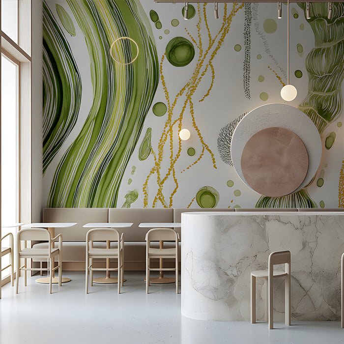 Contemporary cafe with nature inspired abstract wall mural behind the bed