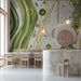 Contemporary cafe with nature inspired abstract wall mural behind the bed