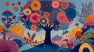 Artistic mural featuring a stylized tree with colorful radial flower blooms in coral, yellow, and blue against a light blue sky.