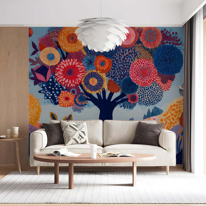 A vibrant botanical wall mural installed in a brightly lit modern living room with minimalist white furniture.