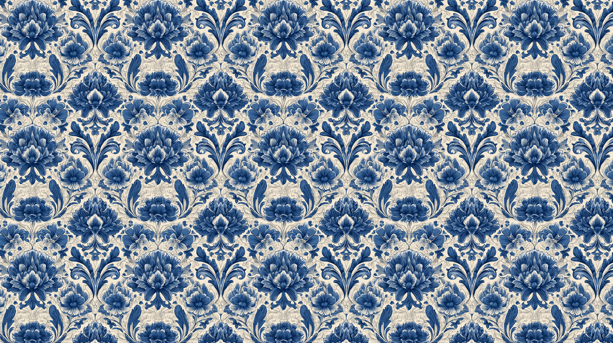 Indigo blue botanical damask pattern with ink wash floral motifs on cream background