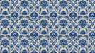 Indigo blue botanical damask pattern with ink wash floral motifs on cream background
