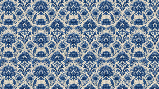 Indigo blue botanical damask pattern with ink wash floral motifs on cream background