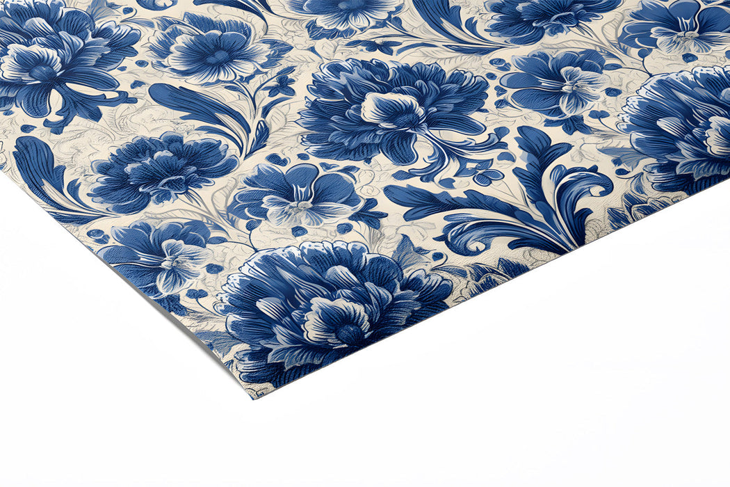 Blue and white damask wallpaper installed in a sophisticated powder room